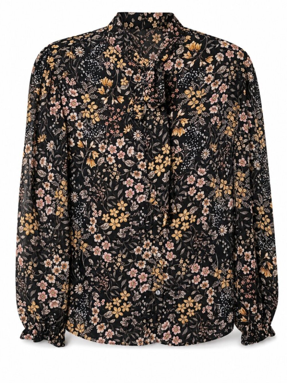 Kontrol NWT Office Floral Pussybow Button Front Tie Neck Top Large Black Yellow